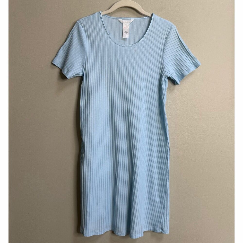HANRO Light Blue Ribbed Short Sleeve Scoop Neck Sleep Shirt Nightgown Small